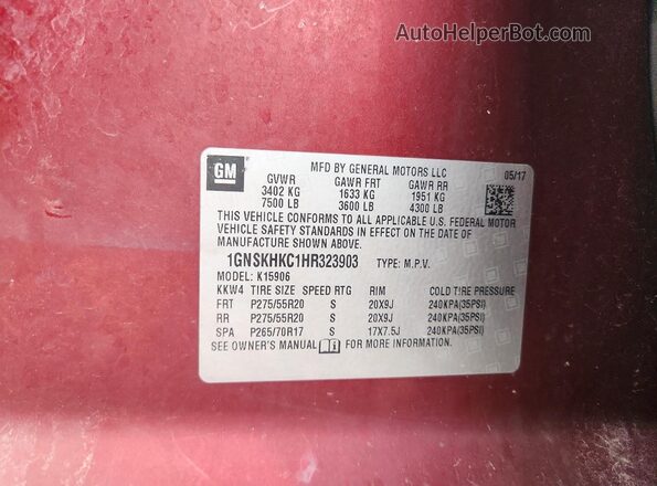 1GNSKHKC1HR323903 2017 CHEVROLET SUBURBAN Maroon 