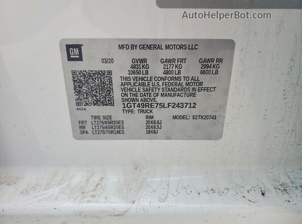 1GT49RE75LF243712 2020 GMC SIERRA White 