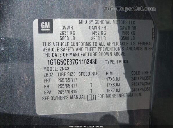 1GTG5CE37G1102436 2016 GMC CANYON Gray Շարժիչի բաժամունքի տեսք