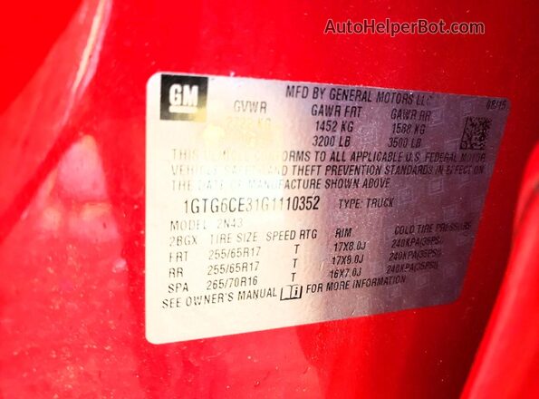 1GTG6CE31G1110352 2016 GMC CANYON Red ძრავის განყოფილების ხედი
