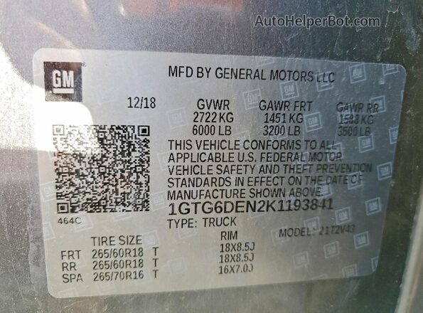 1GTG6DEN2K1193841 2019 GMC CANYON Gray Widok naklejki z numerem VIN