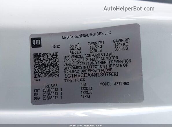 1GTH5CEA4N1307938 2022 GMC CANYON White 