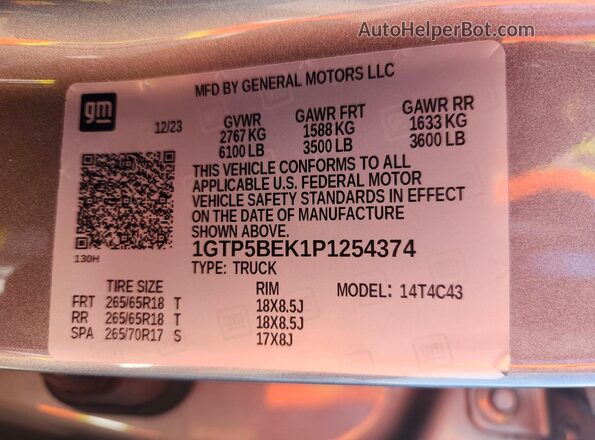 1GTP5BEK1P1254374 2023 GMC CANYON Серебряный Вид наклейки с VIN-кодом