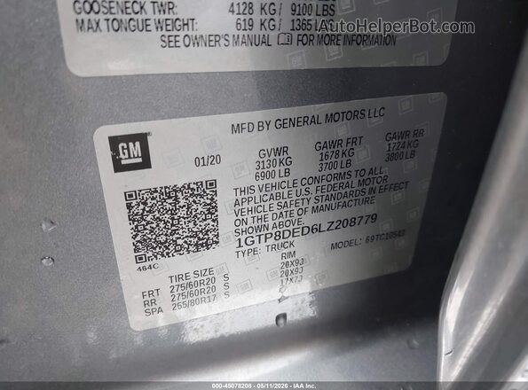 1GTP8DED6LZ208779 2020 GMC SIERRA Gray ძრავის განყოფილების ხედი