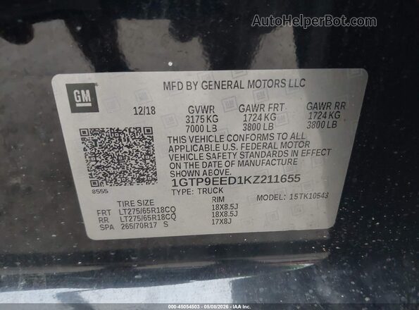 1GTP9EED1KZ211655 2019 GMC SIERRA Black ძრავის განყოფილების ხედი