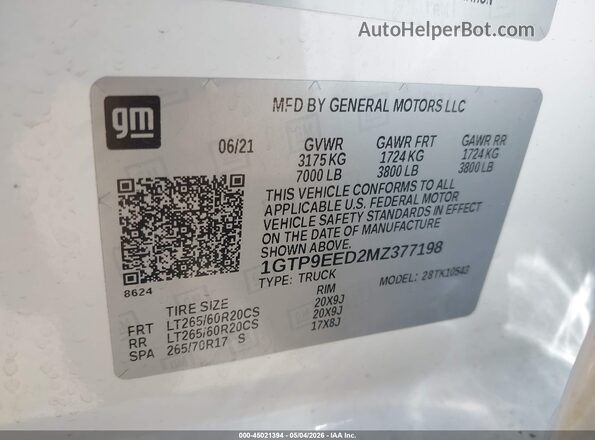 1GTP9EED2MZ377198 2021 GMC SIERRA White ძრავის განყოფილების ხედი