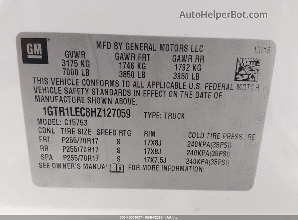 1GTR1LEC8HZ127059 2017 GMC SIERRA White Vista del compartimento del motor