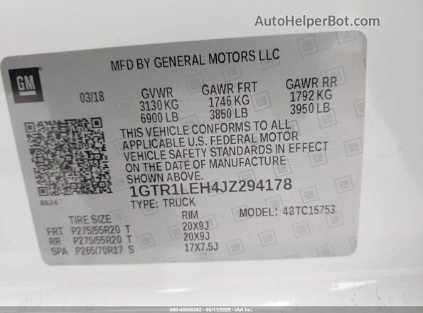 1GTR1LEH4JZ294178 2018 GMC SIERRA White Շարժիչի բաժամունքի տեսք