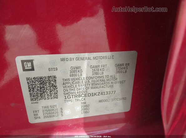 1GTR8CED1KZ413377 2019 GMC SIERRA Red Շարժիչի բաժամունքի տեսք