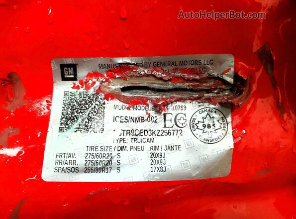 1GTR9CED3KZ256772 2019 GMC SIERRA Красный Вид наклейки с VIN-кодом