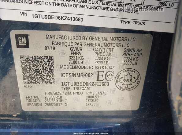 1GTU9BED6KZ413683 2019 GMC SIERRA Dark Blue Շարժիչի բաժամունքի տեսք