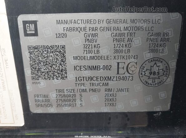 1GTU9CEDXMZ194073 2021 GMC SIERRA Black Вид підкапотного простору