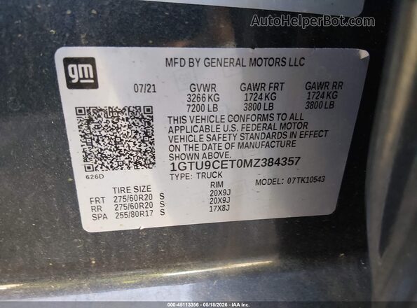 1GTU9CET0MZ384357 2021 GMC SIERRA Серый 