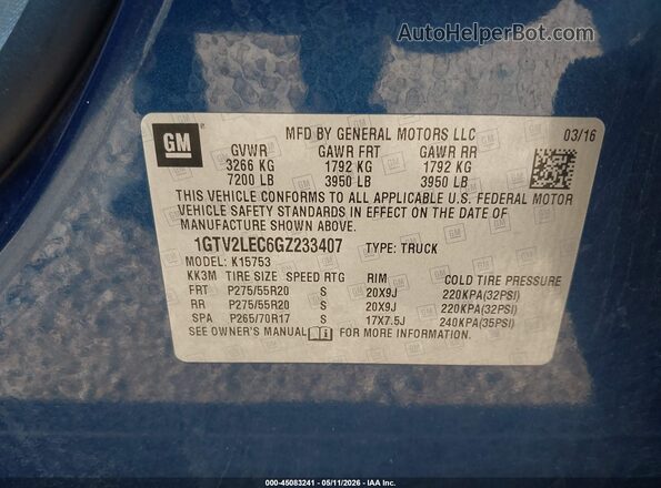 1GTV2LEC6GZ233407 2016 GMC SIERRA Blue 