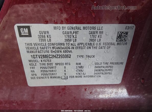 1GTV2MEC2HZ293062 2017 GMC SIERRA Maroon 
