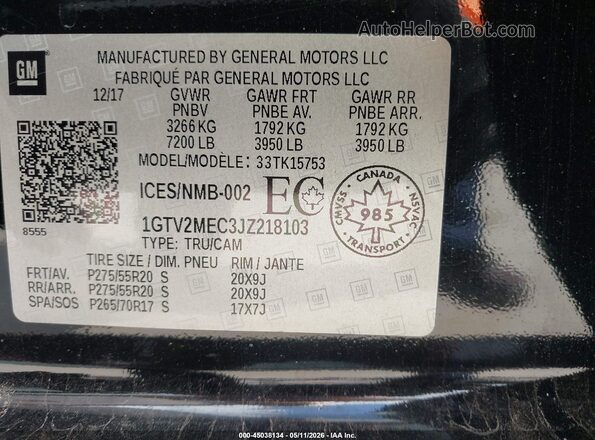 1GTV2MEC3JZ218103 2018 GMC SIERRA Black 