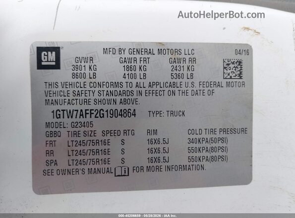 1GTW7AFF2G1904864 2016 GMC SAVANA 2500 White Вид підкапотного простору