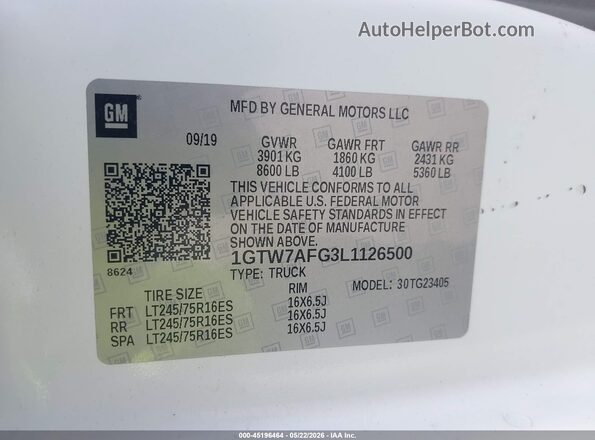 1GTW7AFG3L1126500 2020 GMC SAVANA CARGO White ძრავის განყოფილების ხედი