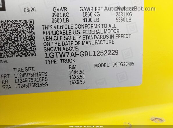 1GTW7AFG9L1252229 2020 GMC SAVANA CARGO Yellow 