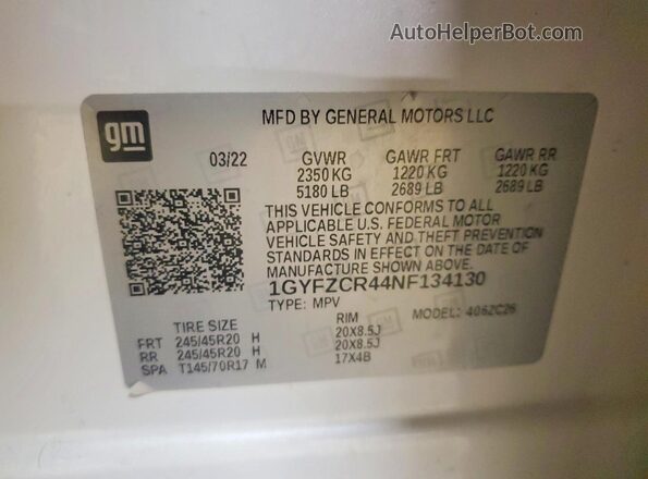 1GYFZCR44NF134130 2022 CADILLAC XT4 White Вид наклейки з VIN-кодом