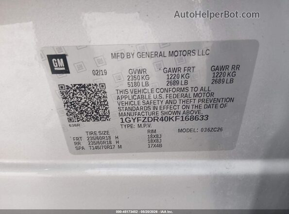 1GYFZDR40KF168633 2019 CADILLAC XT4 Серебряный Вид подкапотного пространства