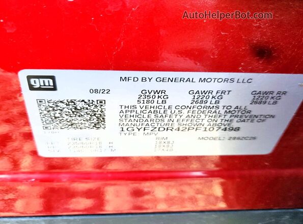 1GYFZDR42PF107498 2023 CADILLAC XT4 Red Widok naklejki z numerem VIN