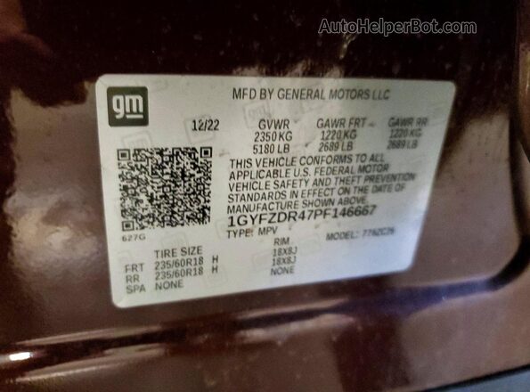 1GYFZDR47PF146667 2023 CADILLAC XT4 Brown VIN კოდის სტიკერის ხედი