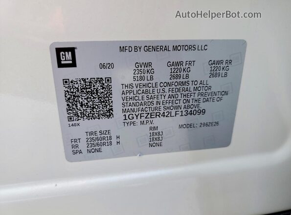 1GYFZER42LF134099 2020 CADILLAC XT4 White Vista de la etiqueta del VIN