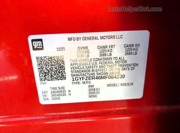 1GYFZER46MF084230 2021 CADILLAC XT4 Red Vista de la etiqueta del VIN