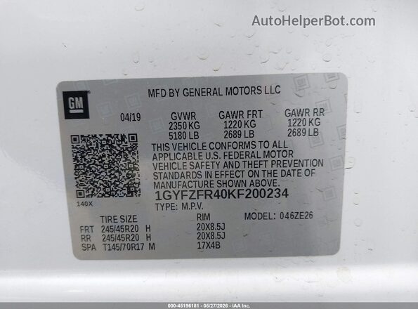 1GYFZFR40KF200234 2019 CADILLAC XT4 White Вид підкапотного простору