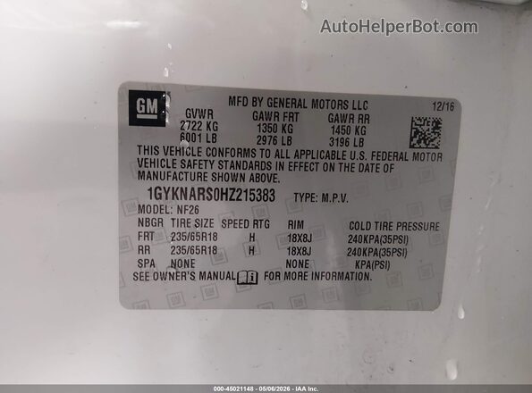 1GYKNARS0HZ215383 2017 CADILLAC XT5 White Widok komory silnika