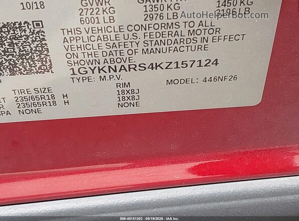 1GYKNARS4KZ157124 2019 CADILLAC XT5 Red Vista del compartimento del motor