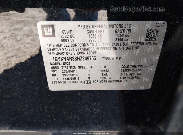 1GYKNARS8HZ249765 2017 CADILLAC XT5 Black Вид підкапотного простору
