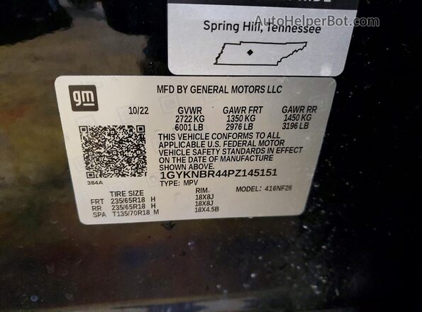 1GYKNBR44PZ145151 2023 CADILLAC XT5 Черный Вид наклейки с VIN-кодом