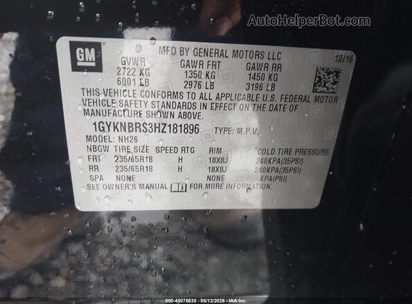 1GYKNBRS3HZ181896 2017 CADILLAC XT5 Black Engine compartment view