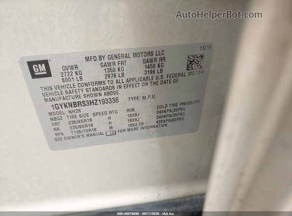 1GYKNBRS3HZ193336 2017 CADILLAC XT5 Beige Вид підкапотного простору