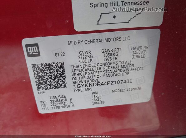 1GYKNDR44PZ107401 2023 CADILLAC XT5 Red Вид підкапотного простору