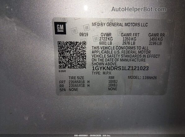 1GYKNDRS1LZ121023 2020 CADILLAC XT5 Silver Widok komory silnika