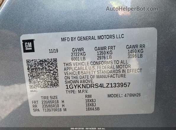 1GYKNDRS4LZ133957 2020 CADILLAC XT5 Gray 