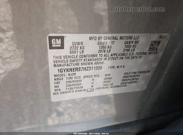 1GYKNERS7HZ311809 2017 CADILLAC XT5 Gray 