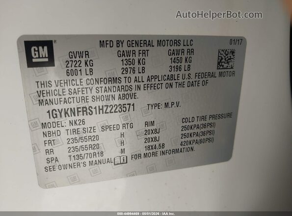1GYKNFRS1HZ223571 2017 CADILLAC XT5 Белый 