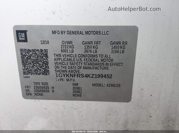 1GYKNFRS4KZ199452 2019 CADILLAC XT5 White Вид підкапотного простору