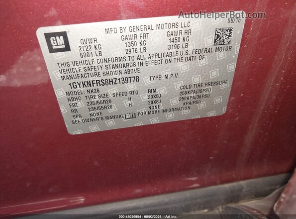 1GYKNFRS8HZ139778 2017 CADILLAC XT5 Maroon Вид підкапотного простору