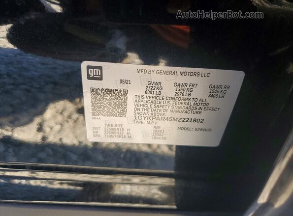1GYKPAR45MZ221802 2021 CADILLAC XT6 Black Widok naklejki z numerem VIN