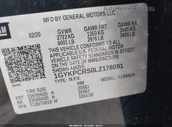 1GYKPCRS0LZ178091 2020 CADILLAC XT6 Black Vista del compartimento del motor