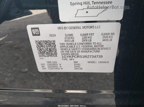 1GYKPCRS1RZ734739 2024 CADILLAC XT6 Black Вид підкапотного простору