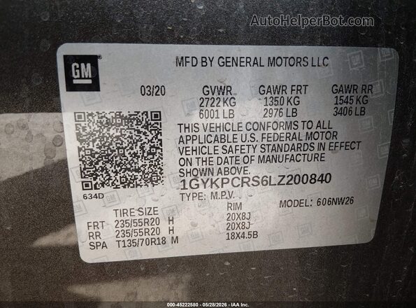 1GYKPCRS6LZ200840 2020 CADILLAC XT6 Gray Вид підкапотного простору