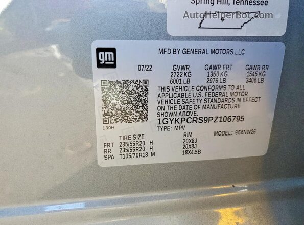 1GYKPCRS9PZ106795 2023 CADILLAC XT6 Серый Вид наклейки с VIN-кодом