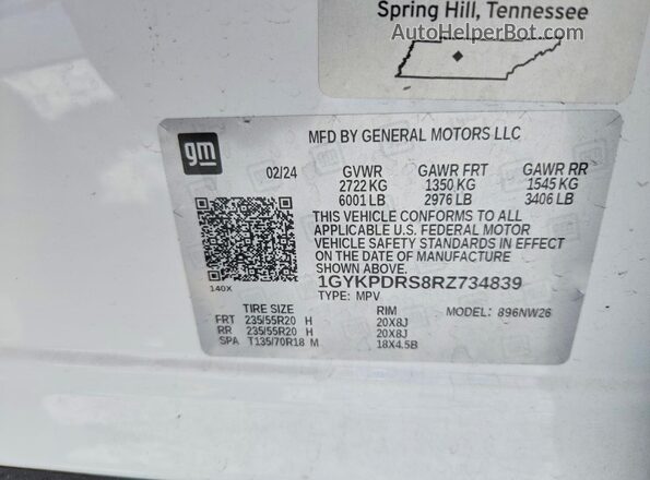 1GYKPDRS8RZ734839 2024 CADILLAC XT6 Белый Вид наклейки с VIN-кодом