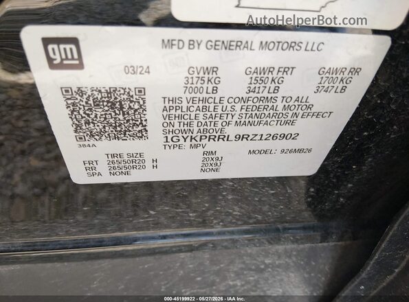 1GYKPRRL9RZ126902 2024 CADILLAC OTHER Black VIN კოდის სტიკერის ხედი
